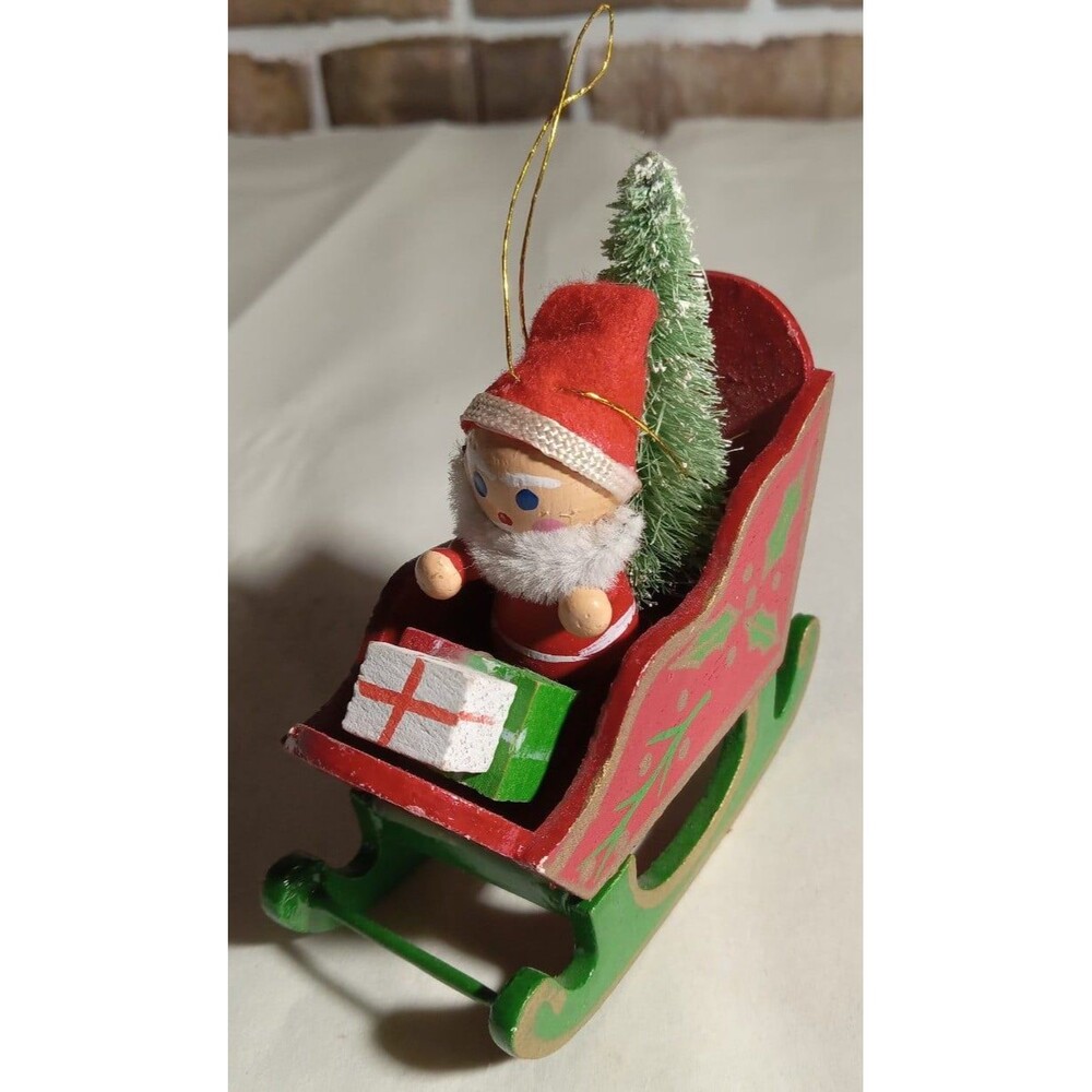 Vintage Wooden Hand Painted Santa Sled Made In Taiwan
